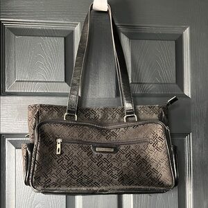 Vintage Jaclyn Smith Brown Patterned Shoulder Bag with Glossy Dark Trim